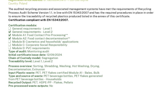 Une nouvelle étape franchie : notre site Gdynia obtient la certification RecyClass GM + A1 + A2